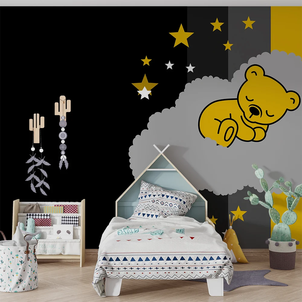 Nursery room wallpaper | Álmos medve felhőben arany csillagokkal