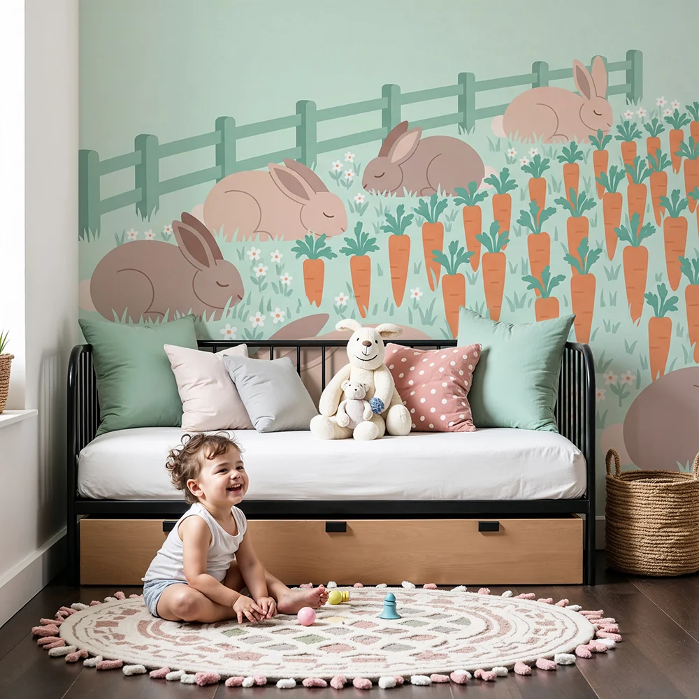 Nursery room wallpaper | Álmos nyulak sárgarépák és virágok között