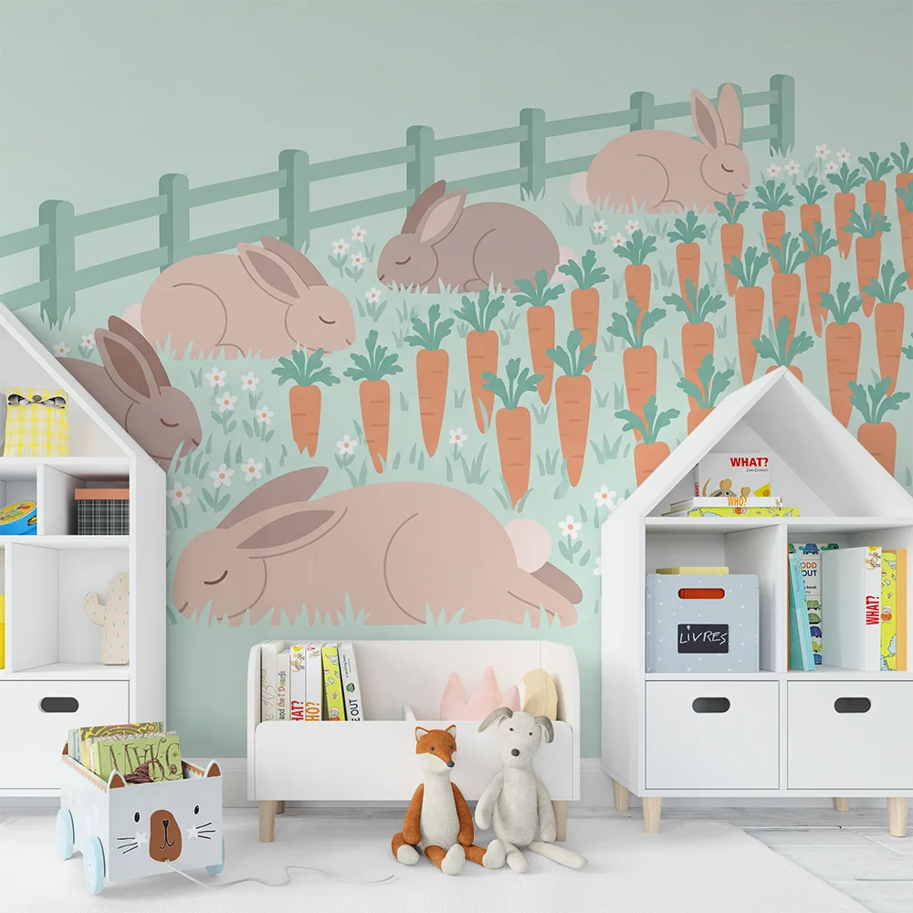 Nursery room wallpaper | Álmos nyulak sárgarépák és virágok között
