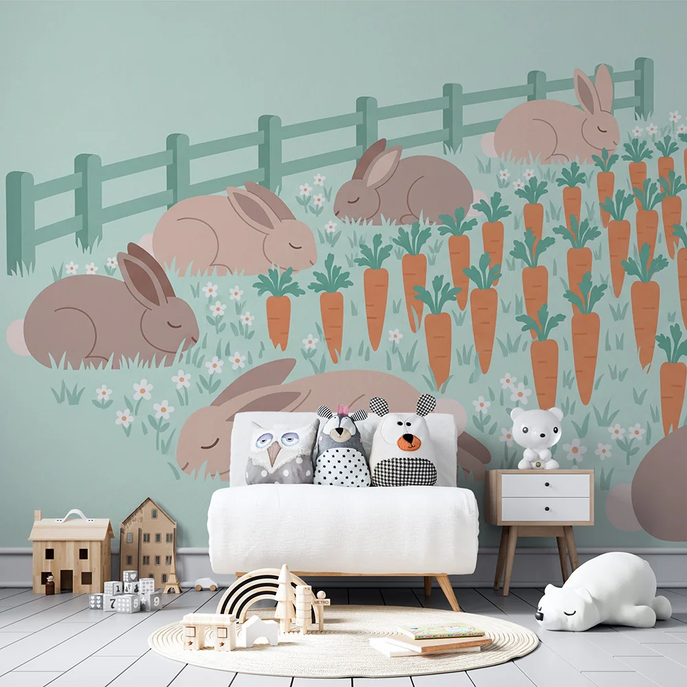 Nursery room wallpaper | Álmos nyulak sárgarépák és virágok között