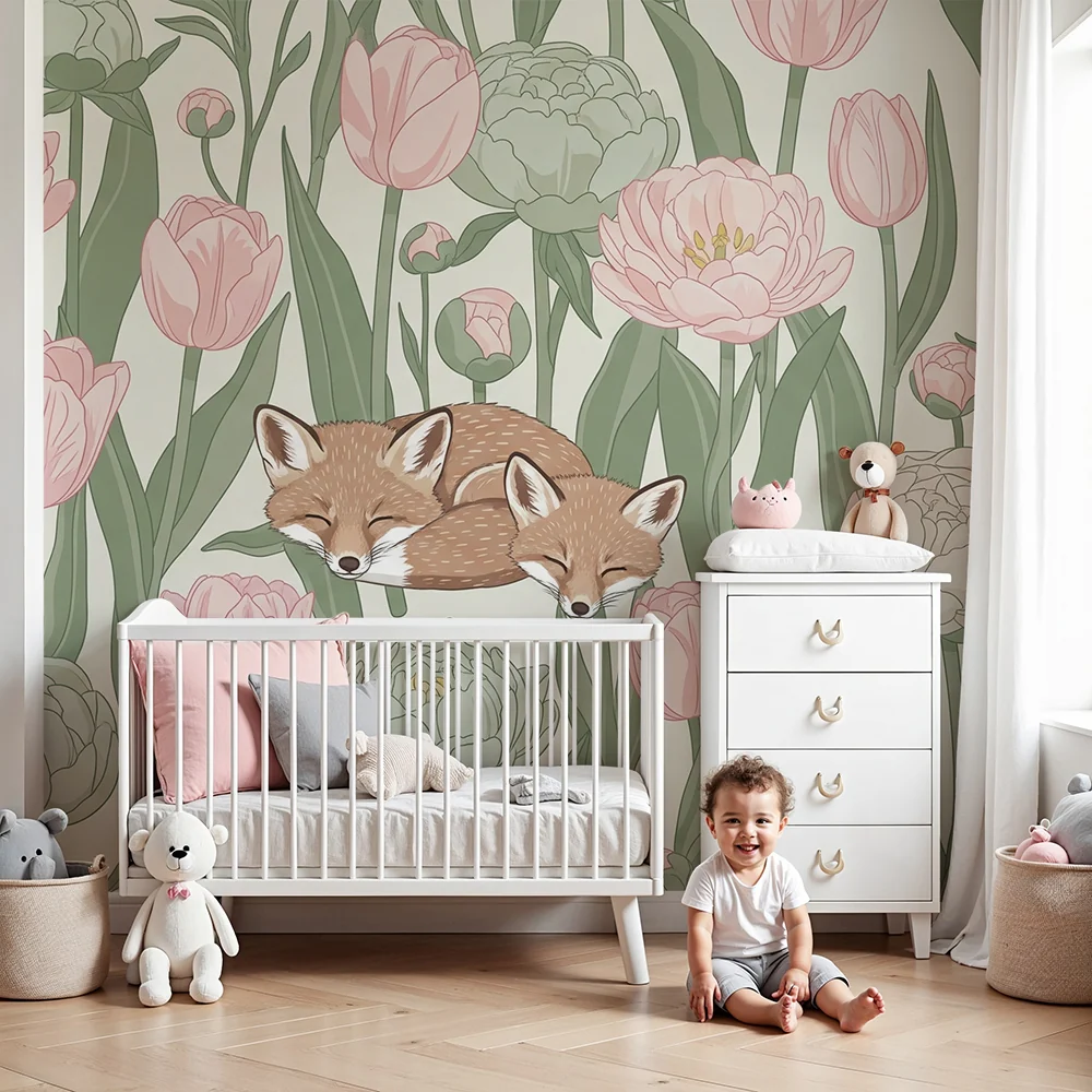 Nursery room wallpaper | Álmos rókák virágok tömegében