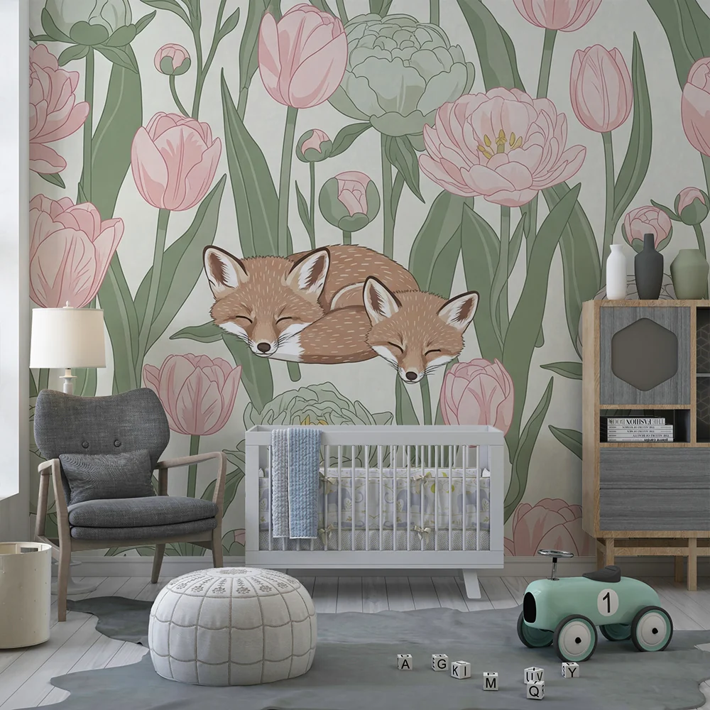 Nursery room wallpaper | Álmos rókák virágok tömegében