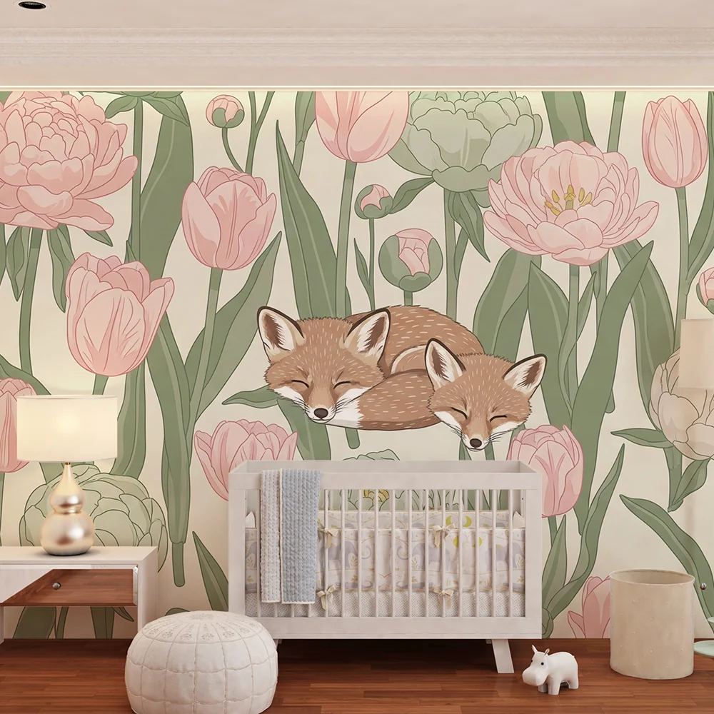 Nursery room wallpaper | Álmos rókák virágok tömegében