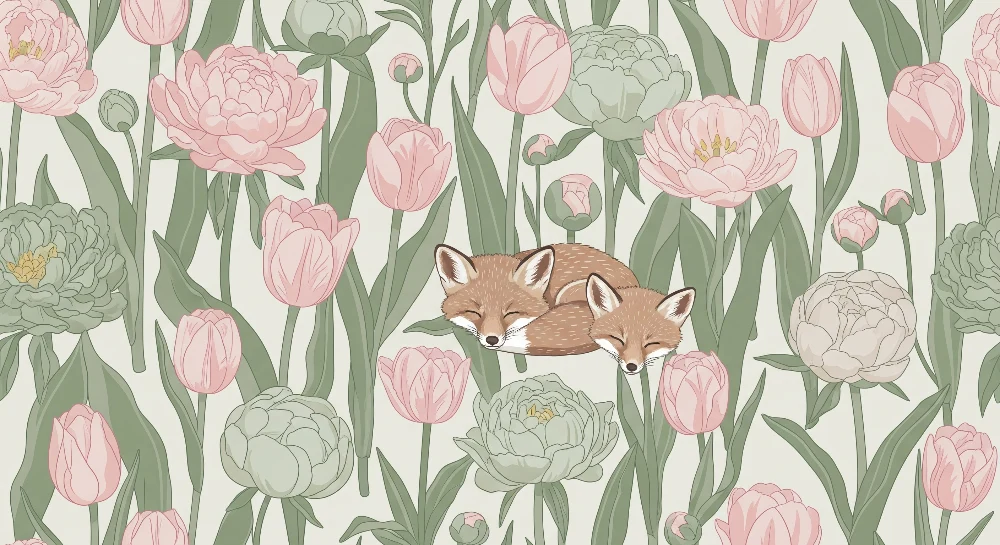 Nursery room wallpaper | Álmos rókák virágok tömegében