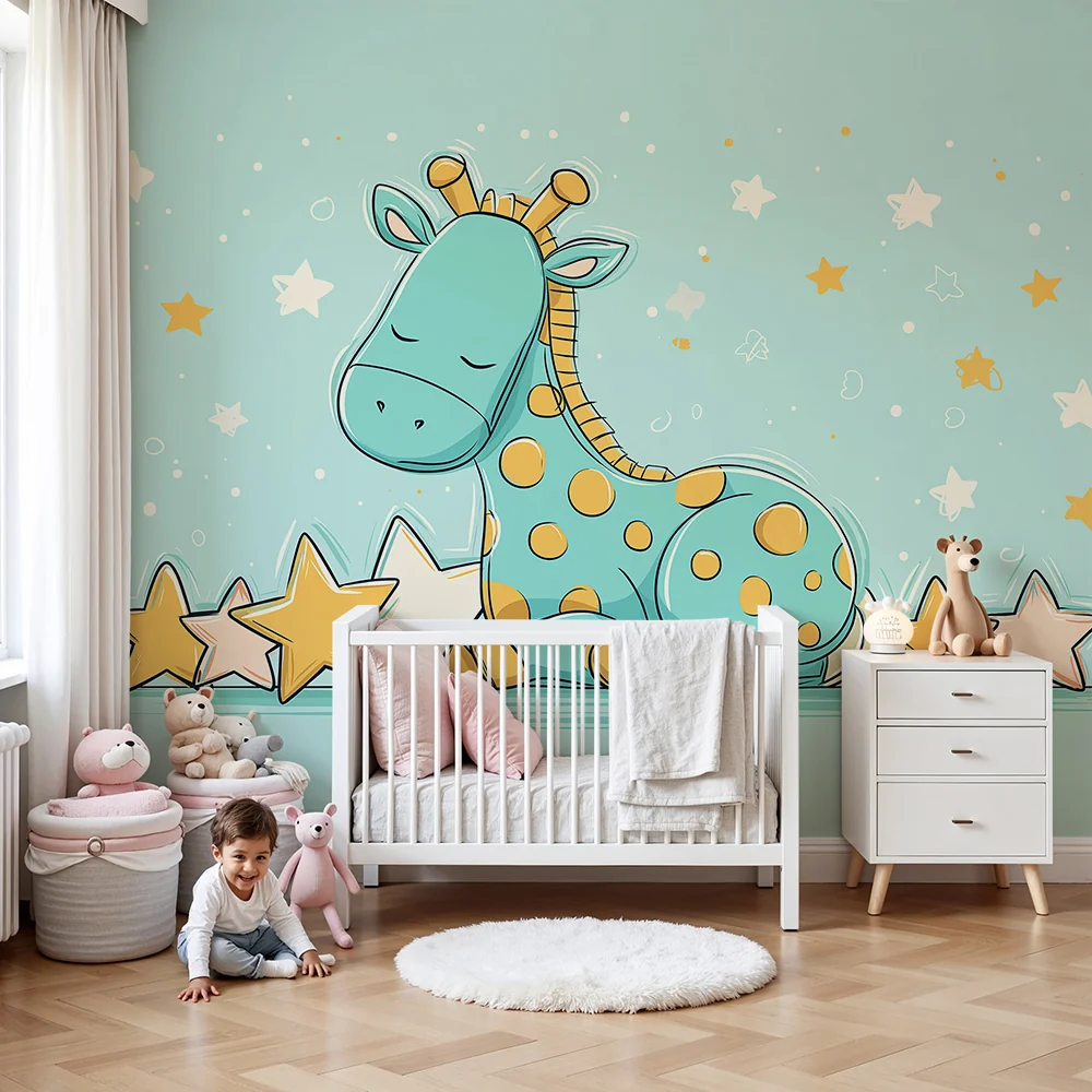 Nursery room wallpaper | Álmos zsiráf arany csillagok között