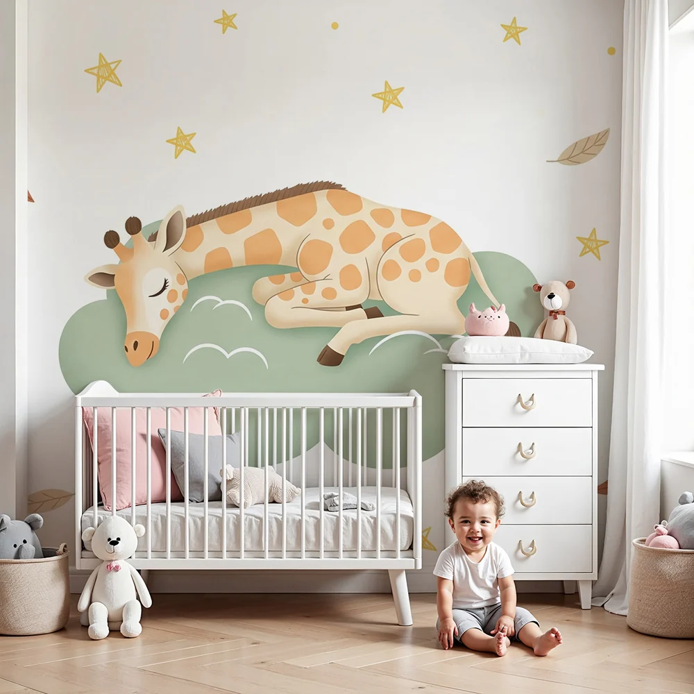 Nursery room wallpaper | Álmos zsiráf egy csillagos felhőn