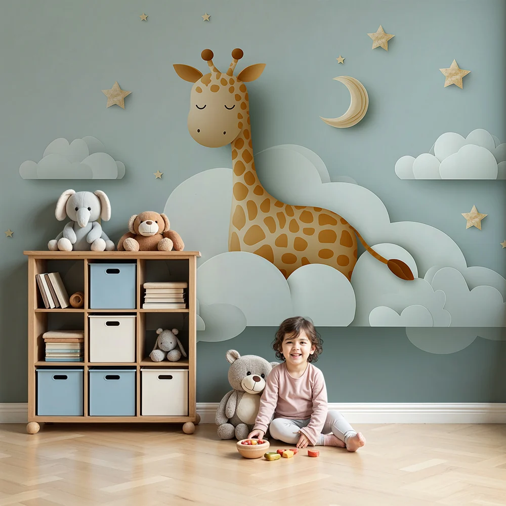 Nursery room wallpaper | Álmos zsiráf felhők és arany csillagok között