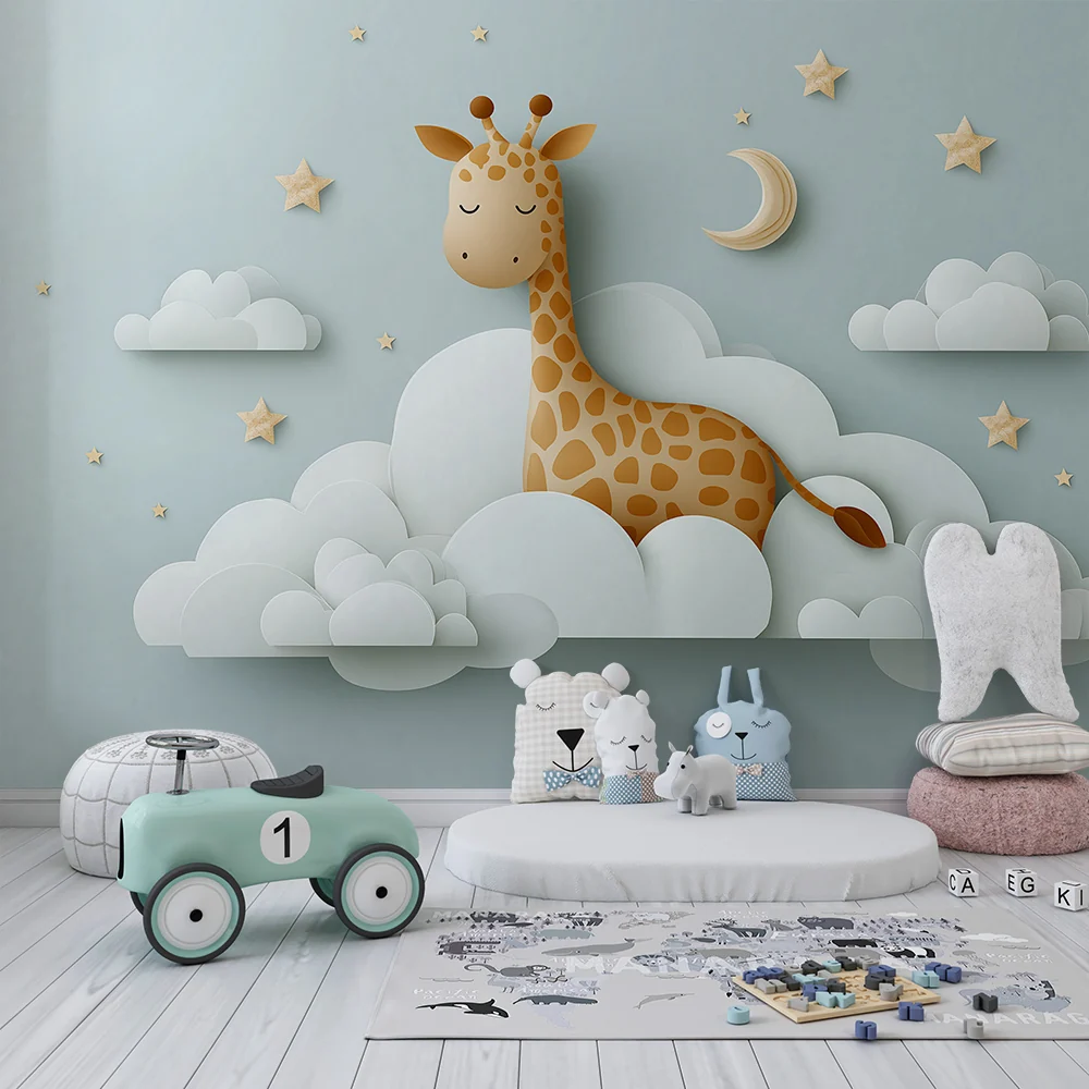 Nursery room wallpaper | Álmos zsiráf felhők és arany csillagok között