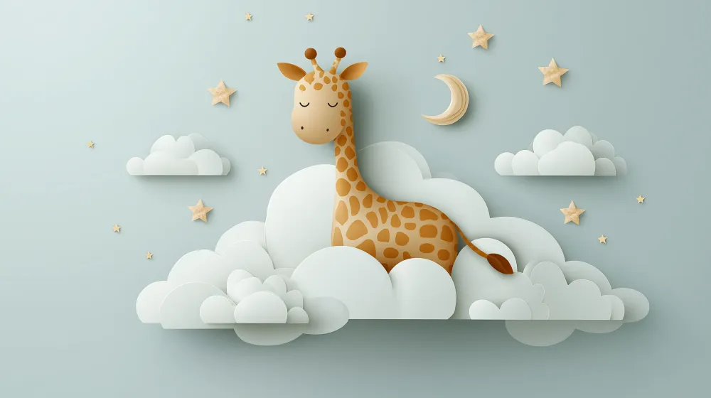 Nursery room wallpaper | Álmos zsiráf felhők és arany csillagok között