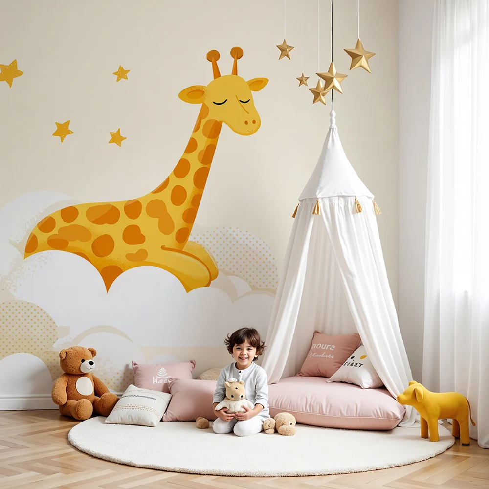 Nursery room wallpaper | Álmos zsiráf felhők és arany csillagok között