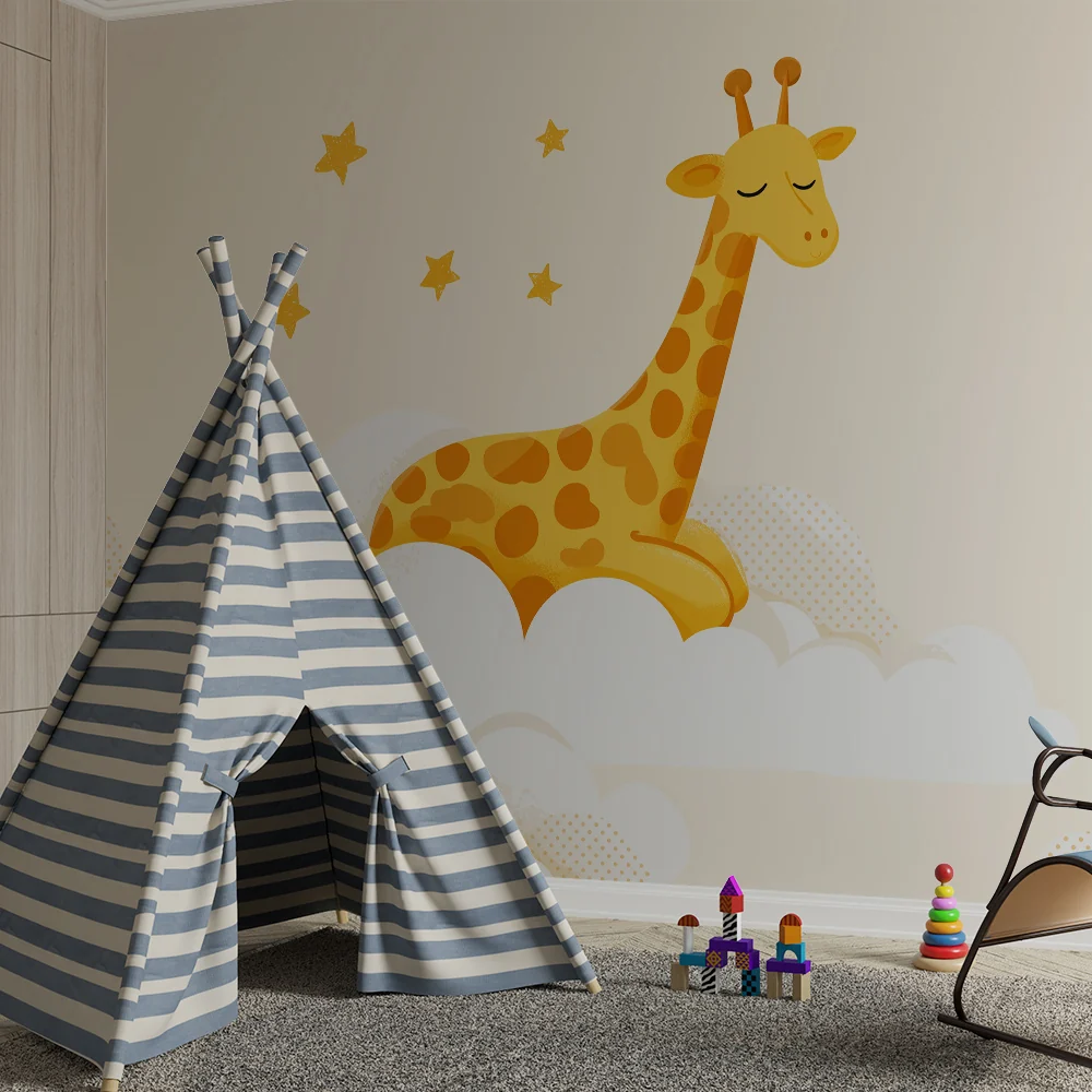 Nursery room wallpaper | Álmos zsiráf felhők és arany csillagok között