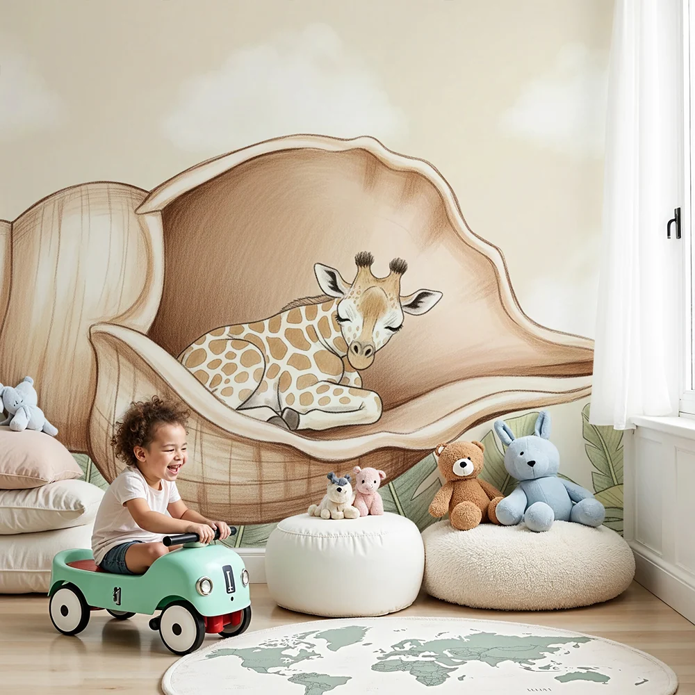 Nursery room wallpaper | Álmos zsiráf kagylóban