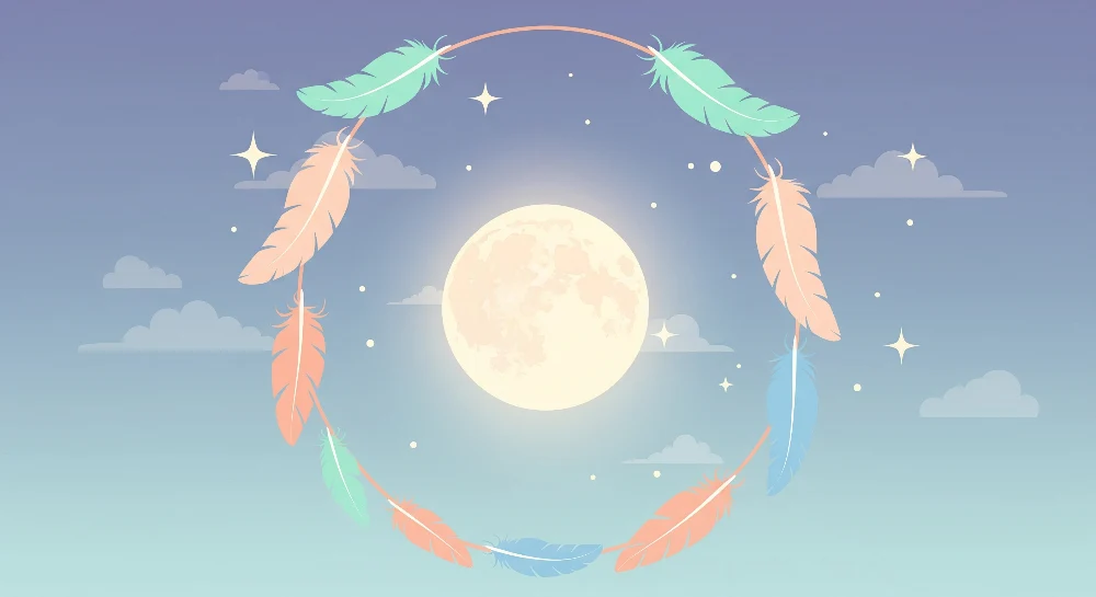Nursery room wallpaper | Lune douce entourée de plumes colorées et d'étoiles scintillantes