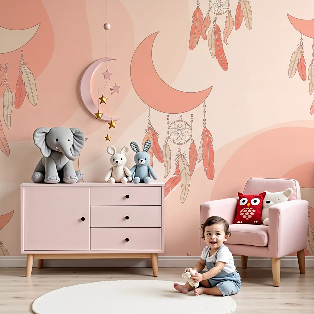 Nursery room wallpaper | Lunes and dreamcatchers soft pink tones