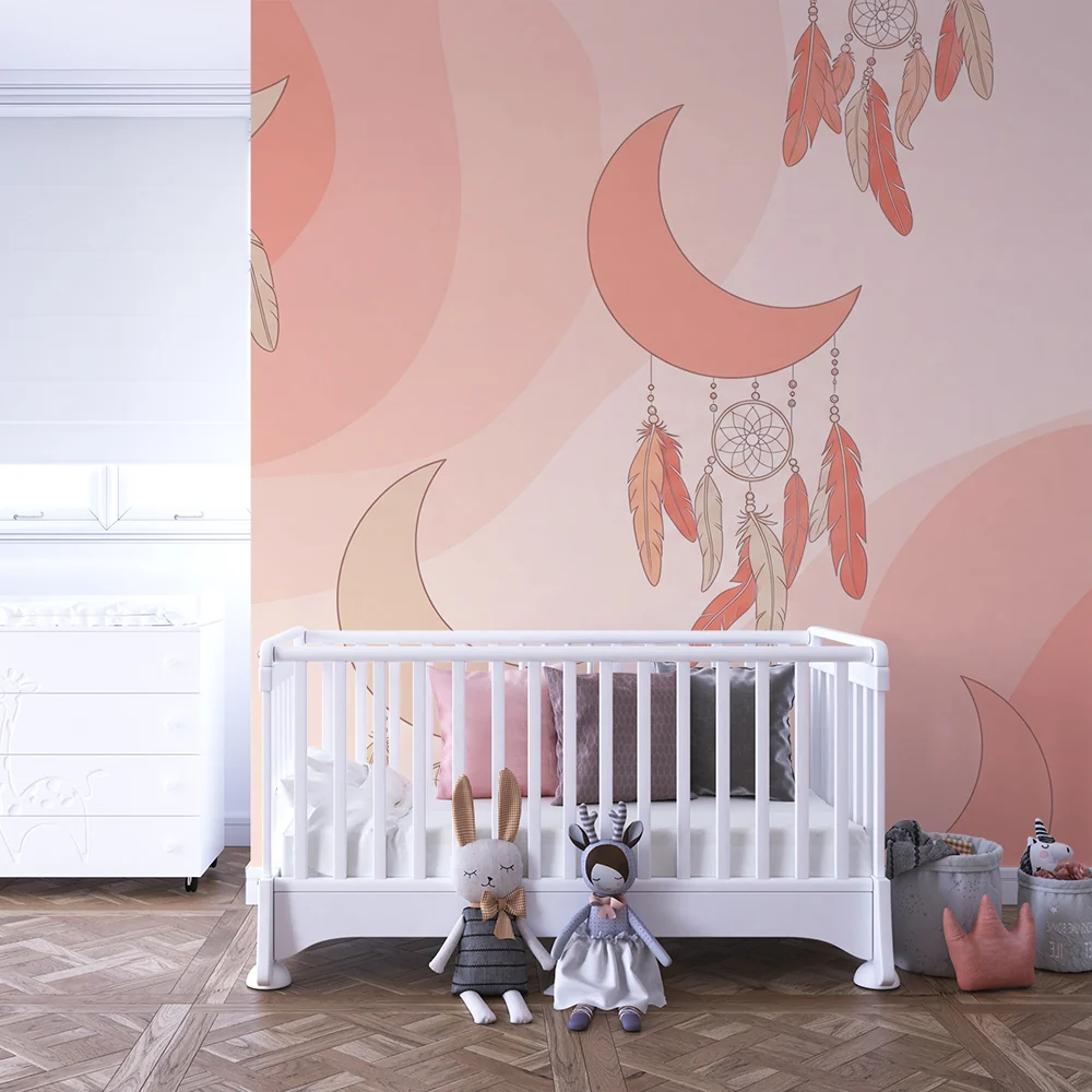Nursery room wallpaper | Lunes and dreamcatchers soft pink tones