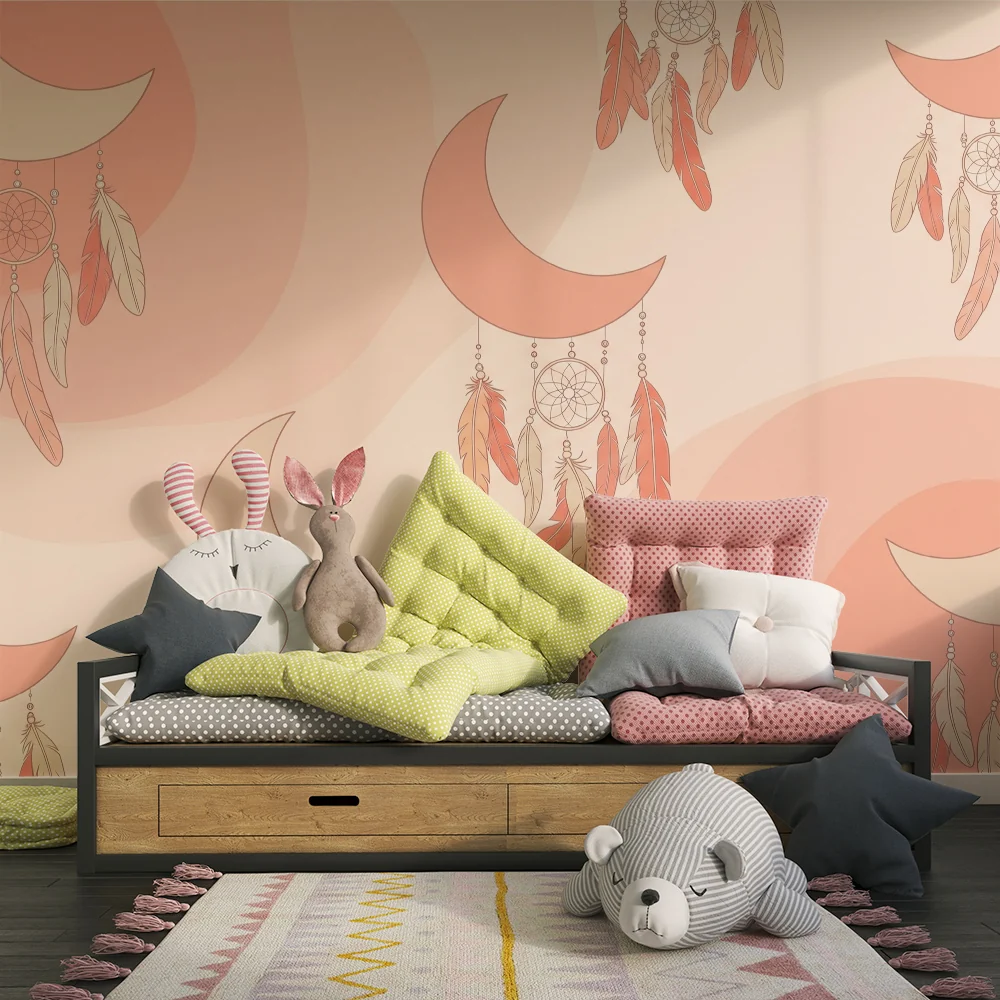 Nursery room wallpaper | Lunes and dreamcatchers soft pink tones