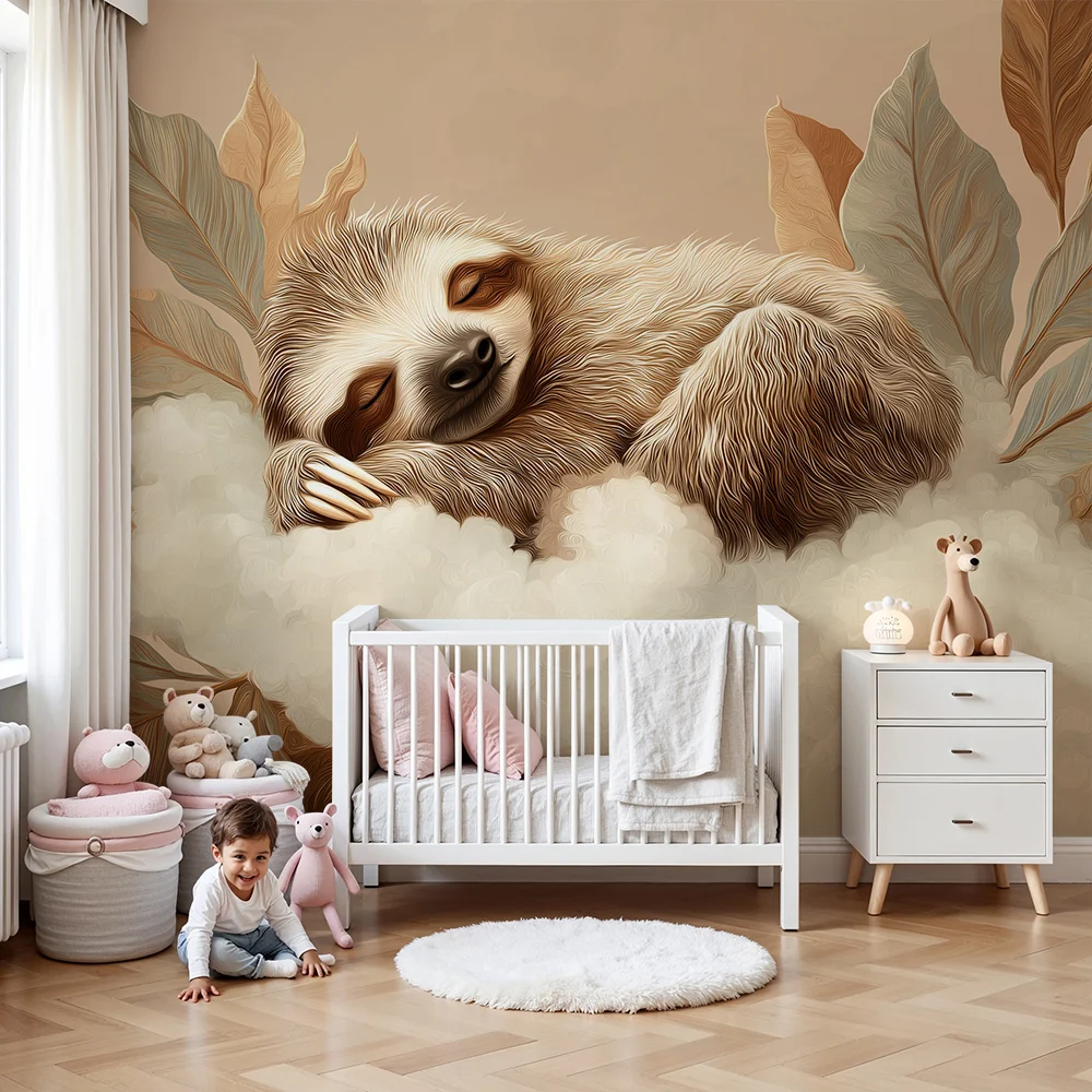 Nursery room wallpaper | Lusta alszik egy puha felhőn