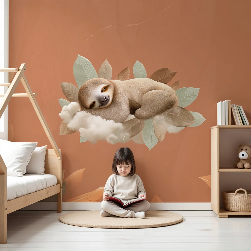 Nursery room wallpaper | Lusta alszik egy felhőn finom levelekkel