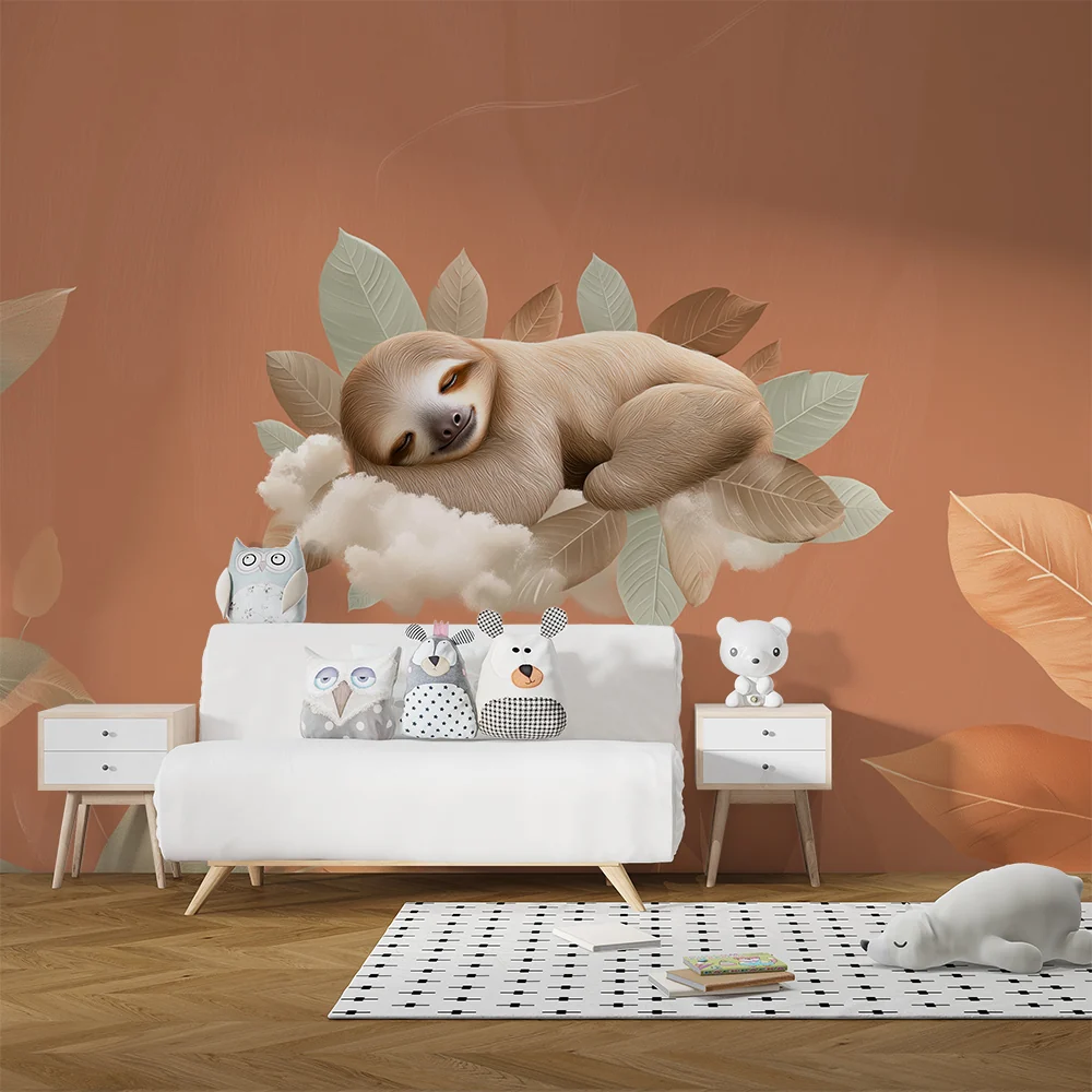 Nursery room wallpaper | Lusta alszik egy felhőn finom levelekkel