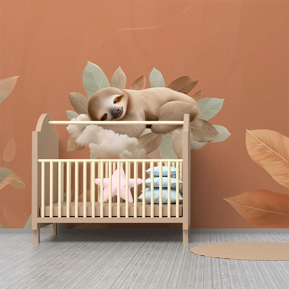 Nursery room wallpaper | Lusta alszik egy felhőn finom levelekkel