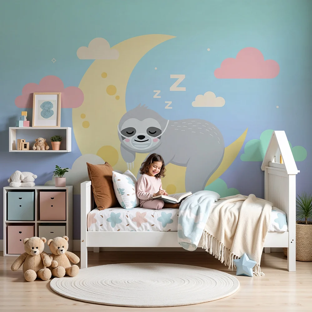 Nursery room wallpaper | Lusta alvó egy puha holdon színes felhőkkel