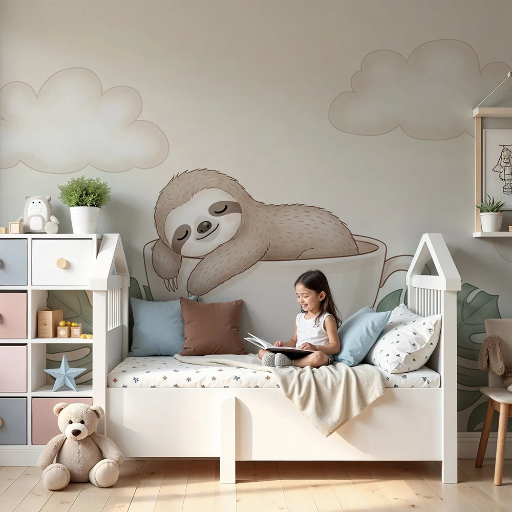 Nursery room wallpaper | Lusta egy csészében trópusi levelekkel