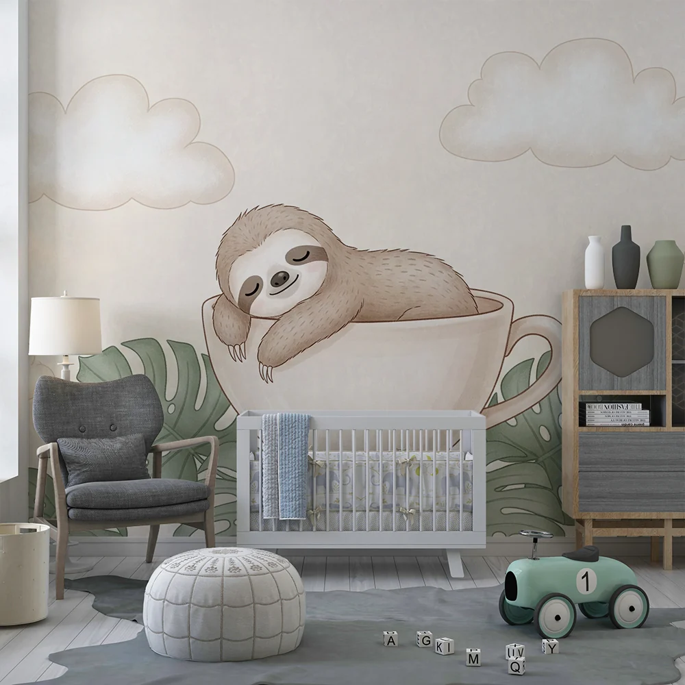 Nursery room wallpaper | Lusta egy csészében trópusi levelekkel