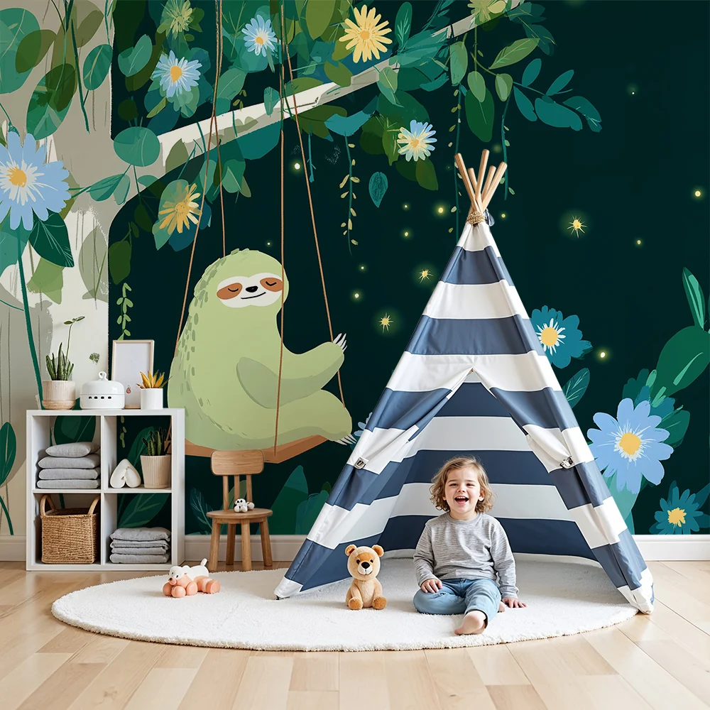 Nursery room wallpaper | Lusta hinta hintával virágok és lombozat között
