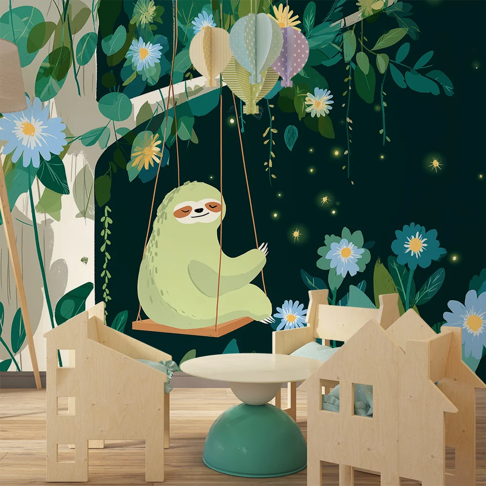 Nursery room wallpaper | Lusta hinta hintával virágok és lombozat között