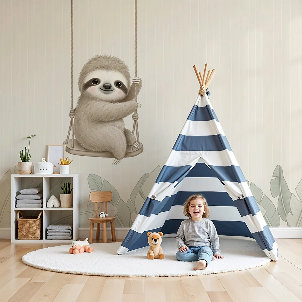 Nursery room wallpaper | Lusta mókus hintán