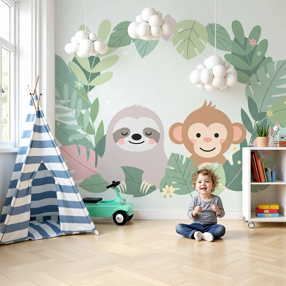 Nursery room wallpaper | Lustful and monkey surrounded tropical foliage
