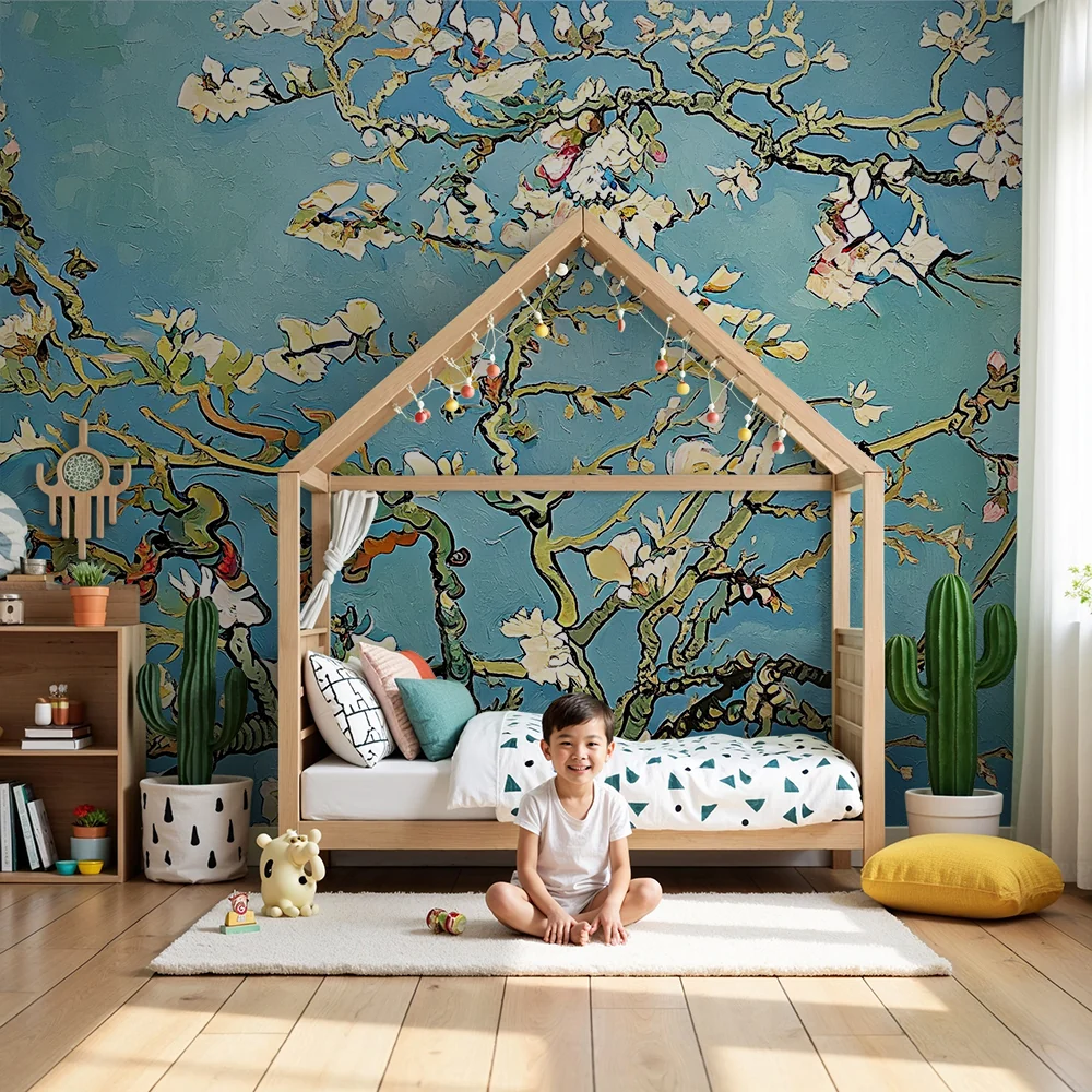 Nursery room wallpaper | Mandelblüten auf beruhigend blauem Hintergrund