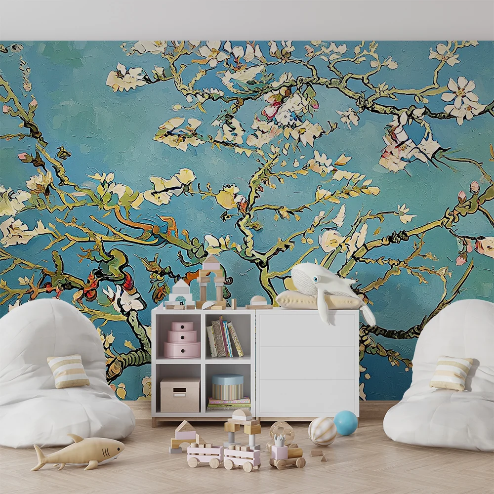 Nursery room wallpaper | Mandelblüten auf beruhigend blauem Hintergrund