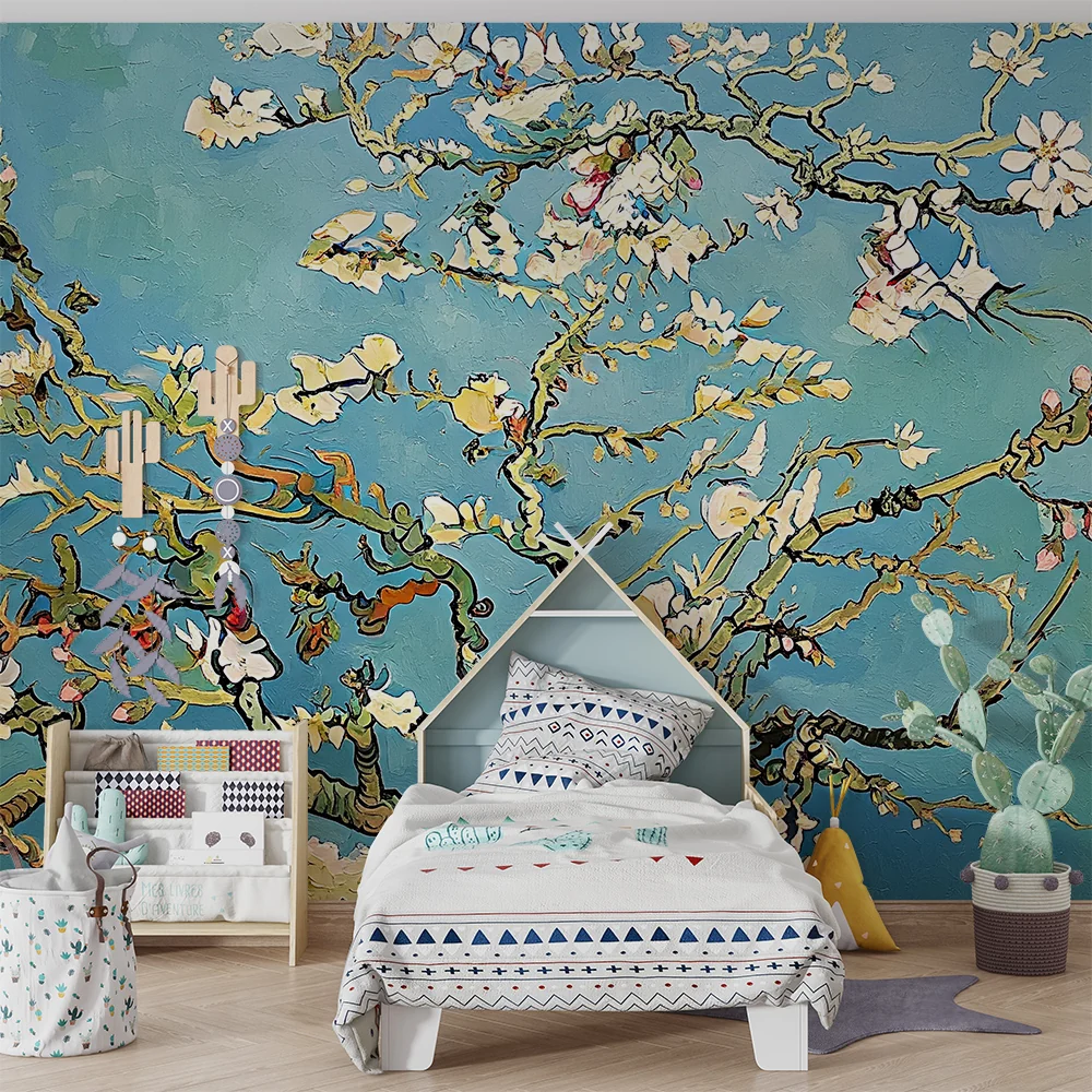 Nursery room wallpaper | Mandelblüten auf beruhigend blauem Hintergrund