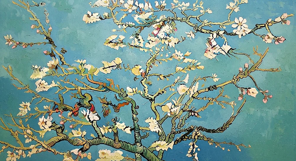 Nursery room wallpaper | Mandelblüten auf beruhigend blauem Hintergrund