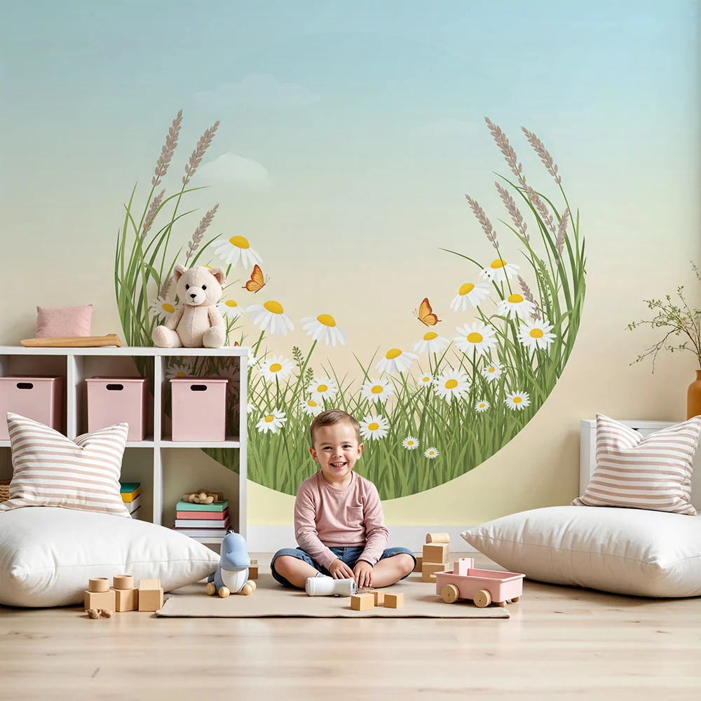 Nursery room wallpaper | Margitmező és pillangók egy nyugtató környezetben