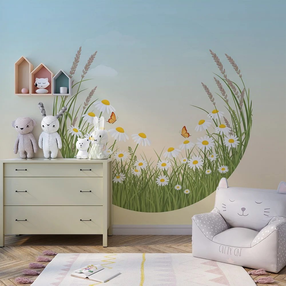 Nursery room wallpaper | Margitmező és pillangók egy nyugtató környezetben