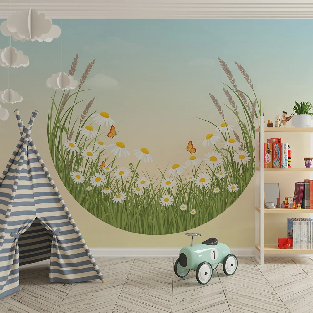 Nursery room wallpaper | Margitmező és pillangók egy nyugtató környezetben