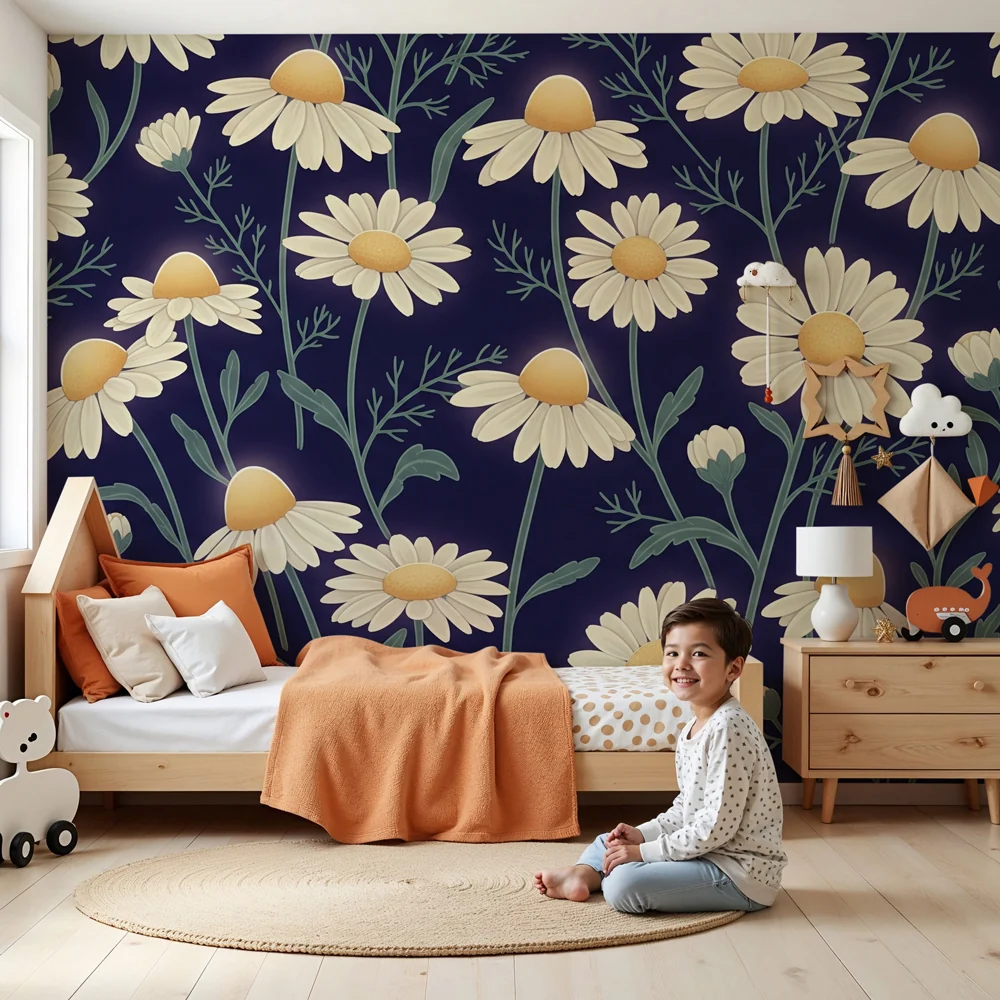Nursery room wallpaper | Marguerite flowers on night background