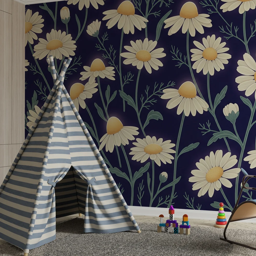 Nursery room wallpaper | Marguerite flowers on night background