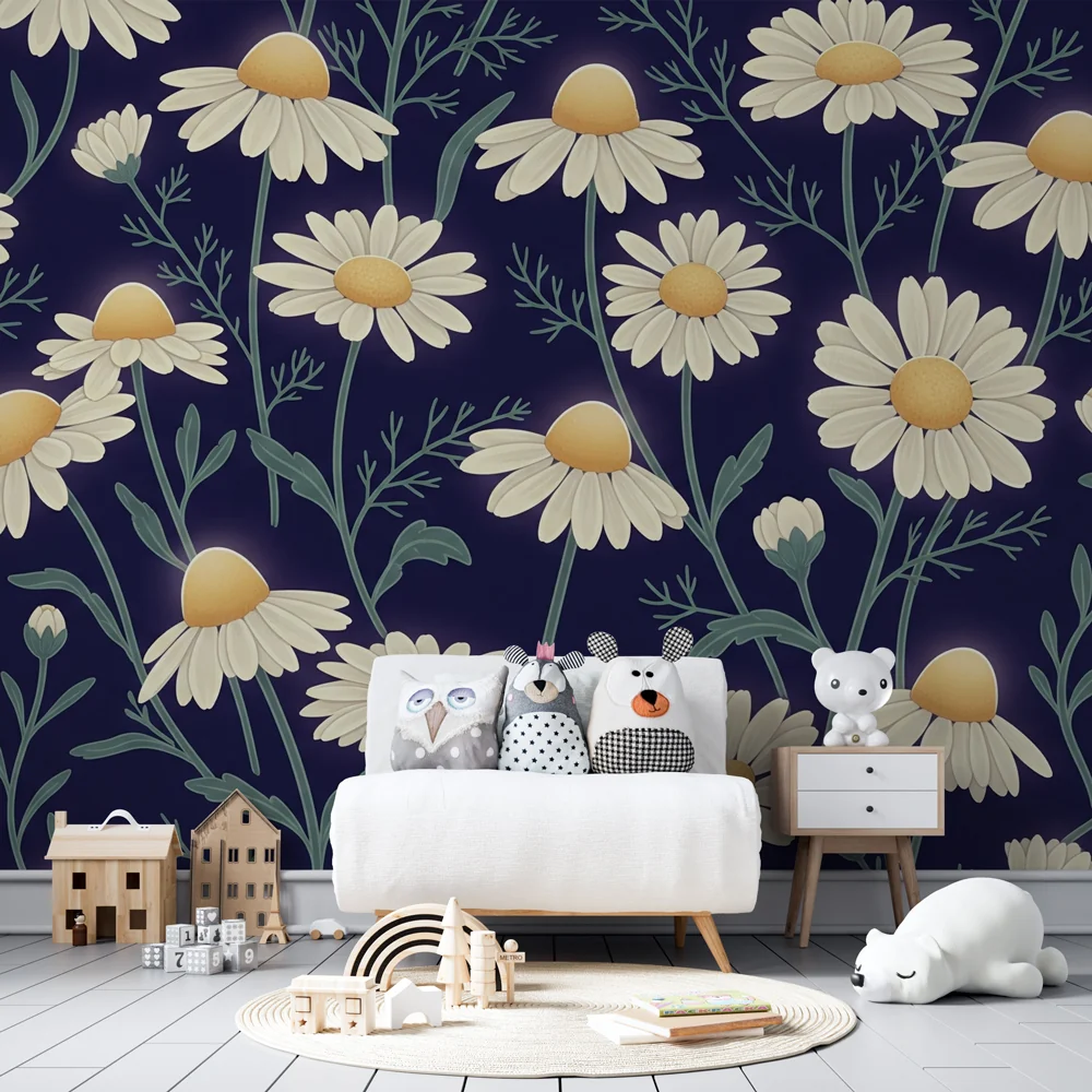 Nursery room wallpaper | Marguerite flowers on night background