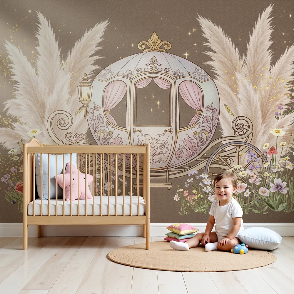 Nursery room wallpaper | Mesebeli kocsi virágokkal és pampával