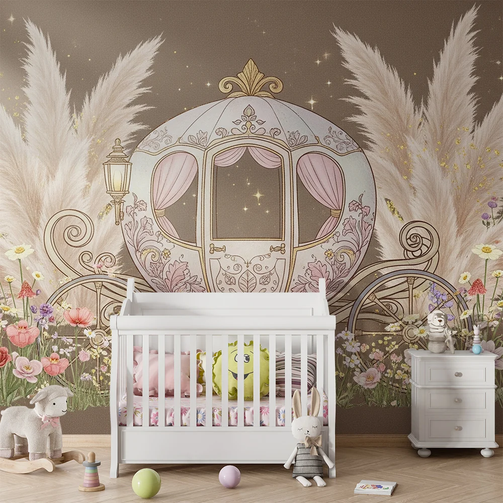 Nursery room wallpaper | Mesebeli kocsi virágokkal és pampával