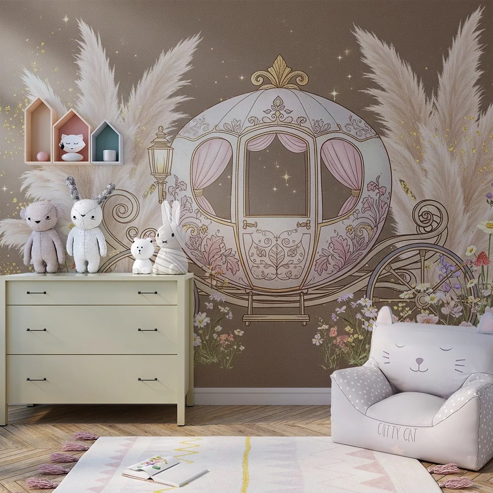 Nursery room wallpaper | Mesebeli kocsi virágokkal és pampával