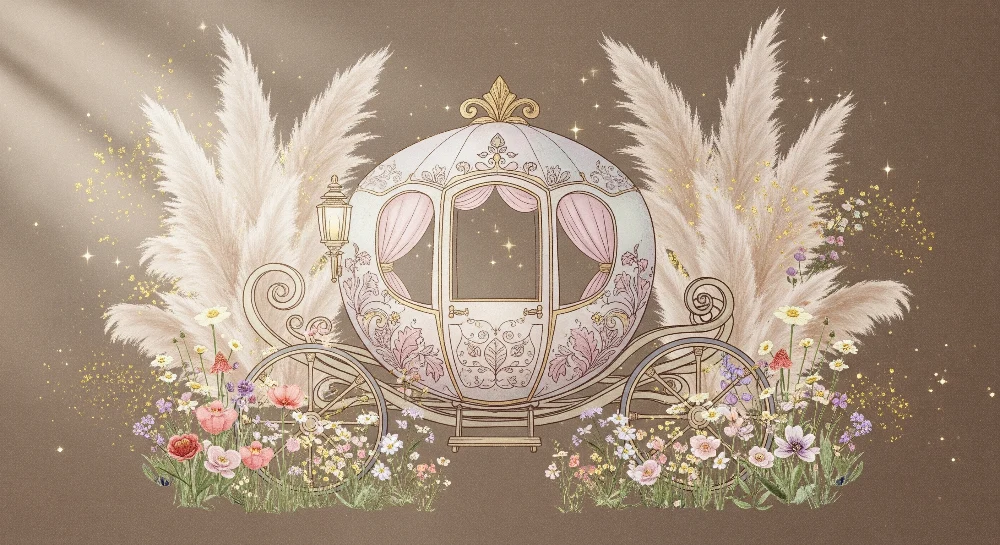 Nursery room wallpaper | Mesebeli kocsi virágokkal és pampával