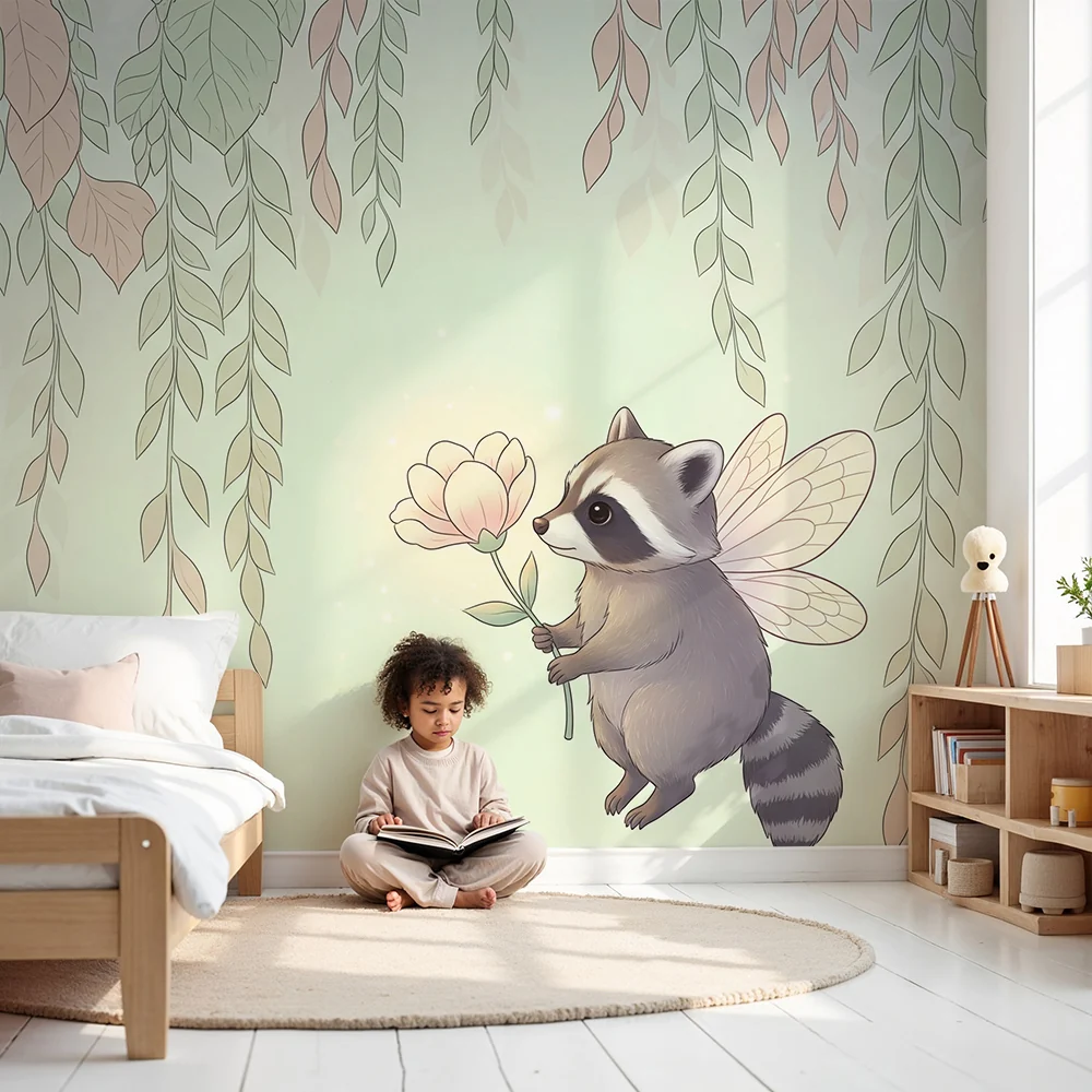 Nursery room wallpaper | Mesebeli mosómedve virággal egy lágy lombkoronával háttérben
