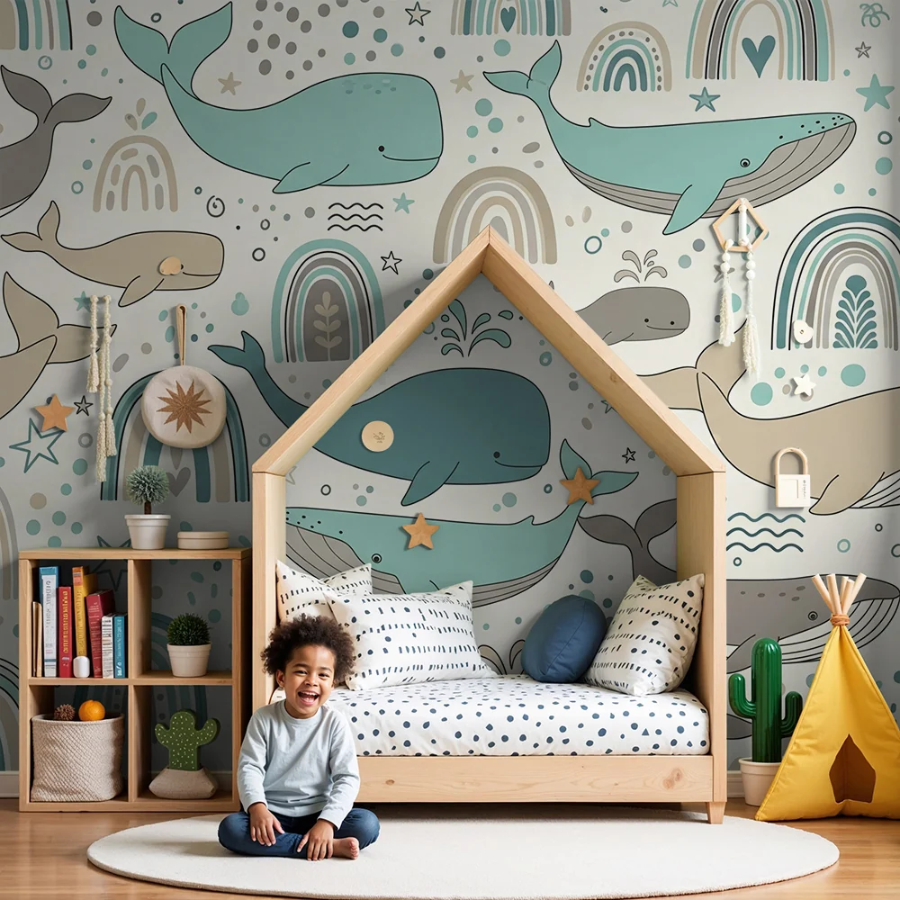 Nursery room wallpaper | Mini whale and rainbow motifs