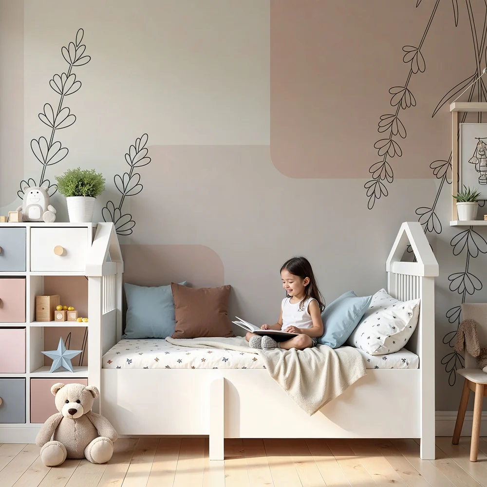 Nursery room wallpaper | Minimalist flowers and soft shapes pastel tones