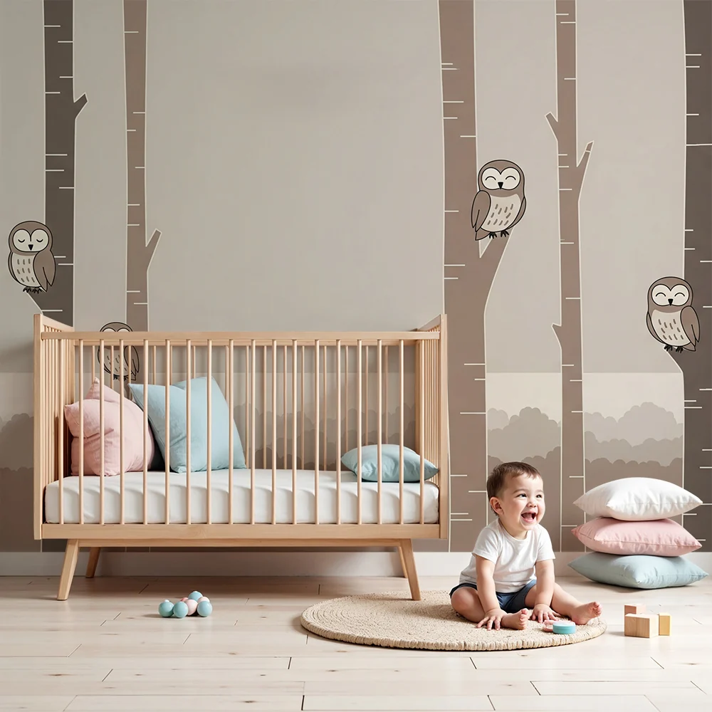 Nursery room wallpaper | Mosolygó baglyok puha fákon ülve