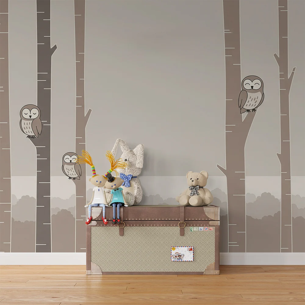 Nursery room wallpaper | Mosolygó baglyok puha fákon ülve